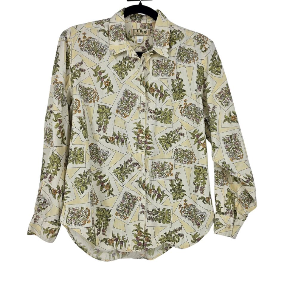 Vintage 90’s L.L. Bean Cream Floral Cotton Long Sleeve Button Up Shirt Size 12